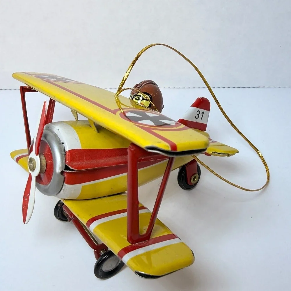 Vintage Style Tin Biplane Christmas Ornament Yellow Red Pilot #31 Aviation Decor